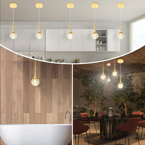 Gold Crystal Teardrop Pendant Light For Kitchen Island Adjustable Height Sleek Modern LED Hanging Fixture In Brushed Brass Warm 3000K Glow