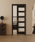 Sleek 30x80 Black Frosted Glass Slab Door With Five Lite French Look Solid Wood Barn Style Pre Assembled Pocket Door For Living Room Pantry Laundry Closet Or Bathroom Pre Finished Surface Hardware Not Included in a room setting