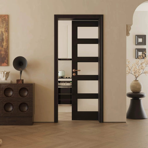 Sleek 30x80 Black Frosted Glass Slab Door With Five Lite French Look Solid Wood Barn Style Pre Assembled Pocket Door For Living Room Pantry Laundry Closet Or Bathroom Pre Finished Surface Hardware Not Included in a room setting