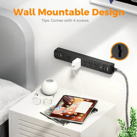 8 In 1 Power Strip Surge Protector with 5 widely spaced outlets, 3 USB ports, 6 ft braided cord wall mounted by a bedside