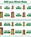 Garage-Ready 850-Piece Rivet Nut Kit With SAE And Metric Sizes, Flat Head Threaded Inserts For DIY Projects And Auto Repairs Includes M3 To M10 And Inch Sizes Like 1/4-20, 5/16-18, 3/8-16; size chart display