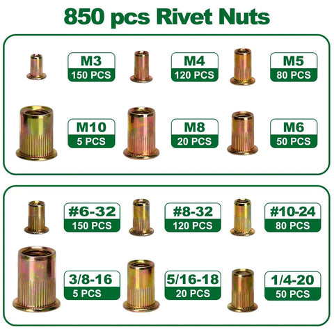 Garage-Ready 850-Piece Rivet Nut Kit With SAE And Metric Sizes, Flat Head Threaded Inserts For DIY Projects And Auto Repairs Includes M3 To M10 And Inch Sizes Like 1/4-20, 5/16-18, 3/8-16; size chart display