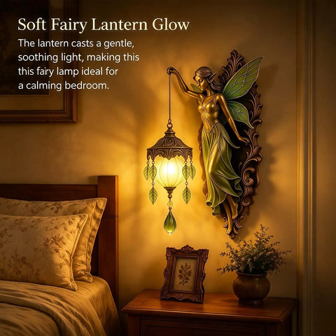 Fairy Lamp Vintage Wall Sconce, Hand-Painted Wing Design Dimmable, green glowing softly beside a bed in a calming bedroom.