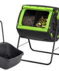 48 Gallon Geared Dual Chamber Compost Tumbler With Large Fill Openings Elevated Design To Fit Included Compost Cart Easy Turn Gear Handle And Built In No Fuss Easy Emptying For Quick Odor Free Recycling.