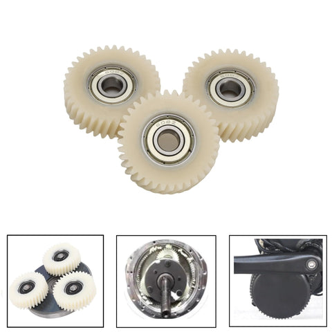 Three Piece 38.5x11mm Spiral Bevel Gear Set For 36 Tooth E Bike Hub Motors, Replacement Planetary Gears For Bafang Compatible Electric Bike Gearbox Repair Parts, Ready Spare Kit For DIY Maintenance showing three ivory gears.