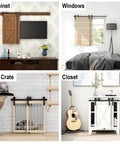 4 Foot Mini Bypass Barn Door Hardware Kit For Two Doors With Premium Carbon Steel Track Capable Of 110 Lbs installed on cabinets, closets, windows, and cat crate.