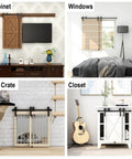 Cabinet, window, cat crate, and closet examples using 6 Ft Mini Bypass Barn Door Hardware Kit with Easy Install for Two Doors.