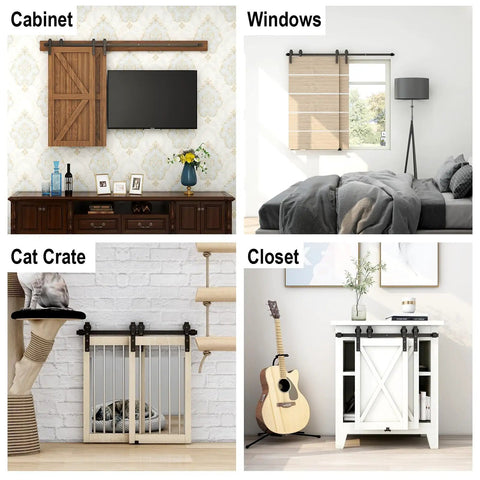Cabinet, window, cat crate, and closet examples using 6 Ft Mini Bypass Barn Door Hardware Kit with Easy Install for Two Doors.