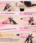 Step-by-step usage of Dual Temp Hot Glue Gun Kit 60W 100W With 15 Glue Sticks for crafts, DIY, and repairs, shown in pink.