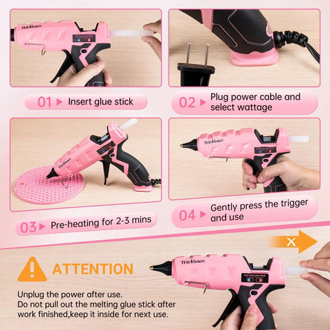 Step-by-step usage of Dual Temp Hot Glue Gun Kit 60W 100W With 15 Glue Sticks for crafts, DIY, and repairs, shown in pink.