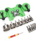 Professional Tile Hole Saw Kit With Dual Suction Cup Guide Jig And Sixteen Dry Wet Drill Bits From 6 To 50 Mm For Ceramic Tile Glass Granite Marble Drilling Like A Boss, green guide jig and hole saw bits