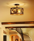 Semi Flush Mount Ceiling Light Fixture With 3 Lights, Open Drum Frame, Black And Wood Grain Finish, mounted in staircase area