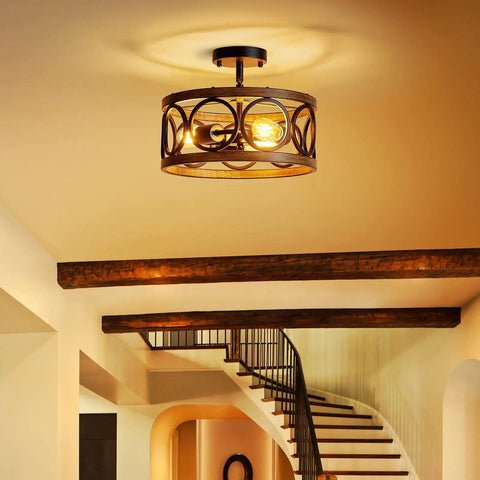 Semi Flush Mount Ceiling Light Fixture With 3 Lights, Open Drum Frame, Black And Wood Grain Finish, mounted in staircase area