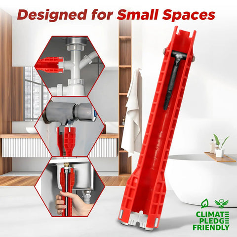 14 In 1 Basin Wrench Kit For Sink And Faucet Installations, red tool with open-slot jaw for nut removal and strainer basket access.