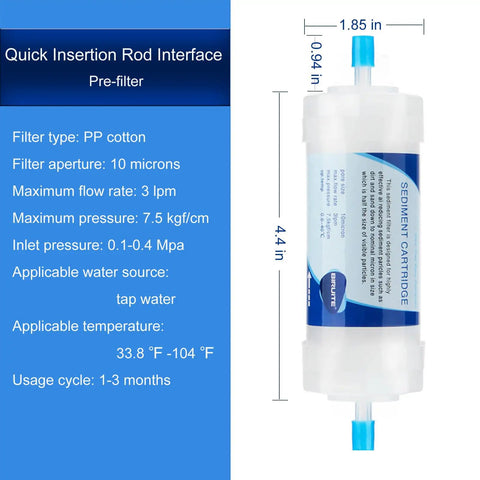 Diagram showing dimensions and features of Outdoor Misting System Filter 10 Micron Sediment Strainer 2 Pack with specifications.