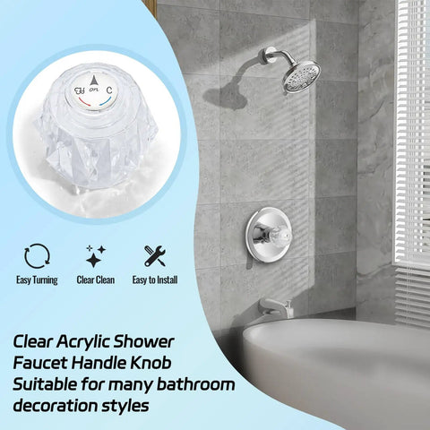 Faucet Handle Replacement Kit RP2391 For 600 Series Tub And Shower Faucets clear knob with button and set screw shown in bathroom