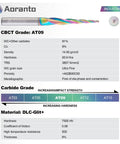 Chart showing specifications for 3.6 Degree Tapered Ball Nose CNC Router Bit with DLC coating and CBCT Grade AT09 material details.