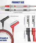 Pro Multimeter Test Leads Set With Ultra Sharp Gold Plated Probes Forty Point Five Inch Length Silicone Meter Leads 1000V 20A Includes Heavy Duty Alligator Clips product dimensions and components layout