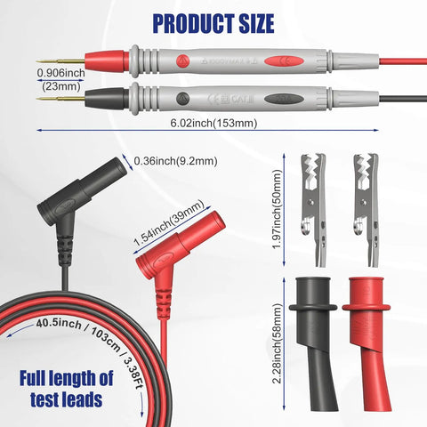 Pro Multimeter Test Leads Set With Ultra Sharp Gold Plated Probes Forty Point Five Inch Length Silicone Meter Leads 1000V 20A Includes Heavy Duty Alligator Clips product dimensions and components layout