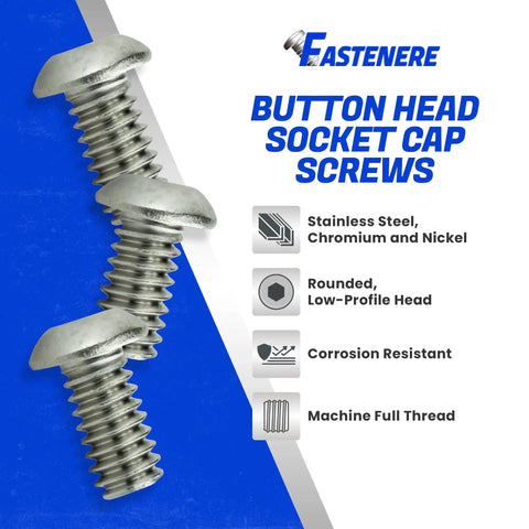 Top Shelf Premium Button Head Socket Cap Screws 8-32 X 3/4 Inch 50 Pack 18-8 Stainless Steel Full Thread Corrosion Resistant Hardware For DIY Fixes No Sweat Assembly, rounded low-profile head visible.