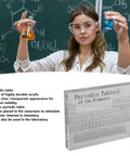 Clear Acrylic Periodic Table With 103 Real Elements Inside Real Chemistry Elements Display on a table in a classroom.