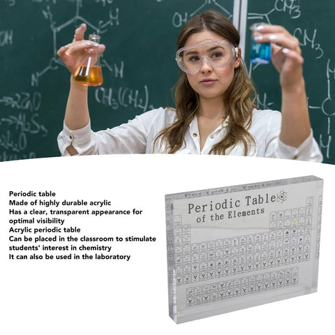 Clear Acrylic Periodic Table With 103 Real Elements Inside Real Chemistry Elements Display on a table in a classroom.