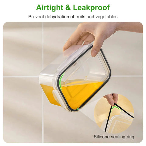 5 Pack Large Fridge Storage Containers With Removable Colander, Leakproof Design, showing airtight seal with liquid inside