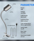 Beastly Bright Clamp Lamp With 2000 Lumens, 20W LED Sewing Machine Work Light specifications illustration