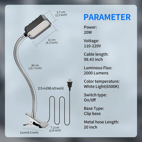Beastly Bright Clamp Lamp With 2000 Lumens, 20W LED Sewing Machine Work Light specifications illustration