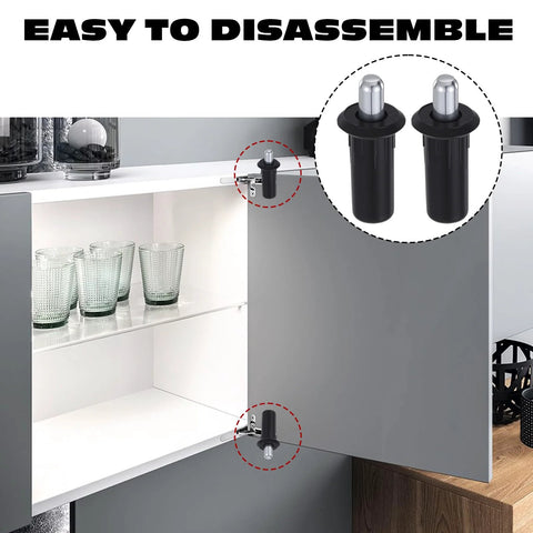 8 Pack Cabinet Door Repair Pins, Spring Loaded Damper Pins for Blinds and Furniture, 23.5 x 6.8mm Black Steel and PP Plastic, shown installed on a cabinet.