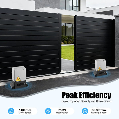 Automatic Sliding Gate Opener 750W Electric Gate Operator With Two Remotes installed on modern driveway, black gate.