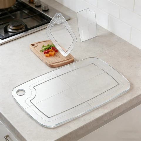 Premium Acrylic Two In One Cutting Board Router Template For Woodworking And Inlay Projects Laser Cut Quarter Inch Thick Guide on kitchen countertop.