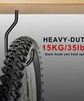 Side view of a bike tire mounted on 10 Pack Garage Bike Hooks, Heavy Duty Wall Mount And Ceiling Hooks For Vertical Bike Storage.