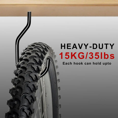 Side view of a bike tire mounted on 10 Pack Garage Bike Hooks, Heavy Duty Wall Mount And Ceiling Hooks For Vertical Bike Storage.