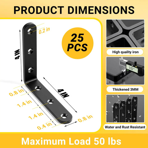 Rock Solid Heavy Duty Metal Corner Brackets 25 Pack 4x4 Black L Braces For Woodworking Furniture And Diy Projects Featuring No Sweat Assembly Plus Essential Home Upgrades