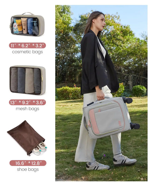 Woman carrying Four Piece Carry On Luggage Set That Really Fits Airline Size Rules, 21 Inch Softside Carry On with Spinner Wheels.