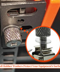 Close-up of soft rubber washer protecting server rack hardware in use, part of 25 Pack Tool Free Hand Twist Rack Screws And 19 Inch Square Hole Cage Nuts Kit.