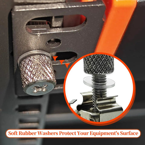 Close-up of soft rubber washer protecting server rack hardware in use, part of 25 Pack Tool Free Hand Twist Rack Screws And 19 Inch Square Hole Cage Nuts Kit.