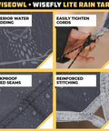 Waterproof Hammock Rain Fly Tarp With Stakes And Carry Bag for Backpacking, showcasing water shedding and reinforced stitching.