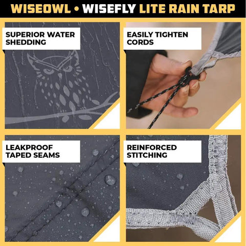 Waterproof Hammock Rain Fly Tarp With Stakes And Carry Bag for Backpacking, showcasing water shedding and reinforced stitching.