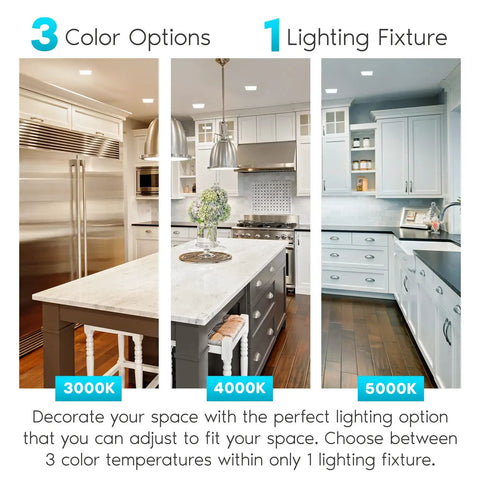 3 kitchen settings showing 4 Pack 4 Inch Square LED Flush Mount Ceiling Light Fixtures, 10W Dimmable, with 3 color temperatures.