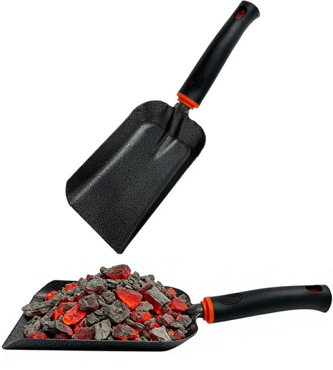 Heavy Duty Ash Shovel For Fire Pits And Grills, Manganese Steel Ember Remover 12.6 Inch Wood Stove Scoop with embers on blade