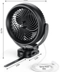 Eight Inch Portable Misting Fan With Secure Clip Mount Heavy Duty Battery Operated Cooling Setup showing dimensions and spray hose.