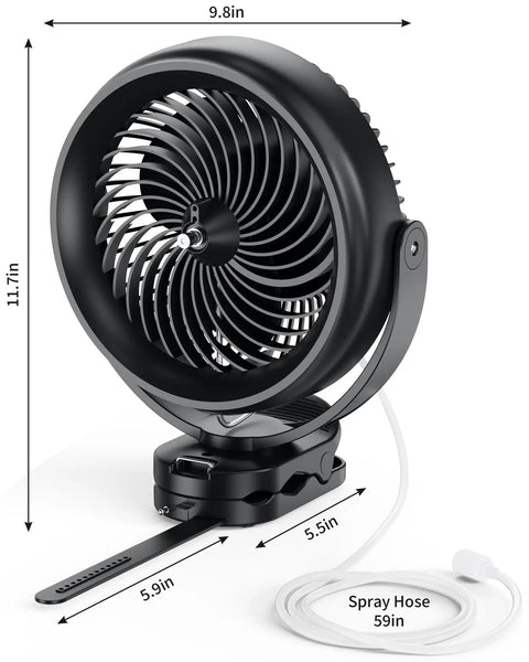 Eight Inch Portable Misting Fan With Secure Clip Mount Heavy Duty Battery Operated Cooling Setup showing dimensions and spray hose.