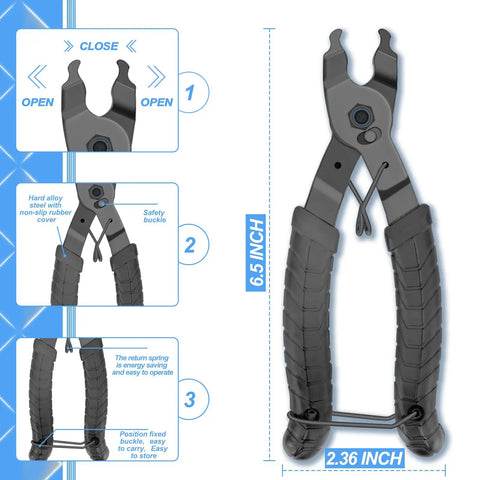 All In One Bike Chain Repair Kit With Link Plier Chain Breaker Wear Indicator And 3 Pairs Missing Links pliers close-up, 6.5 inch size