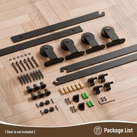 Heavy Duty Sliding Barn Door Hardware Kit With Black T Shaped Tracks For 33 Inch Wide Double Doors, laid out on wooden floor