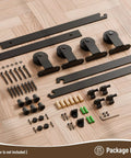 Heavy Duty 10Foot Sliding Barn Door Hardware Kit Featuring Buttery Smooth Silent Rolling Nylon Track System With Knockout 330 Pound Load Capacity For Quick DIY Home Makeovers In Matte Black package list with hardware components.