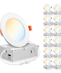 12 Pack 4 Inch Ultra Thin Dimmable LED Recessed Ceiling Light With Junction Box, 5 Color Temperature Switchable 2700K to 5000K.