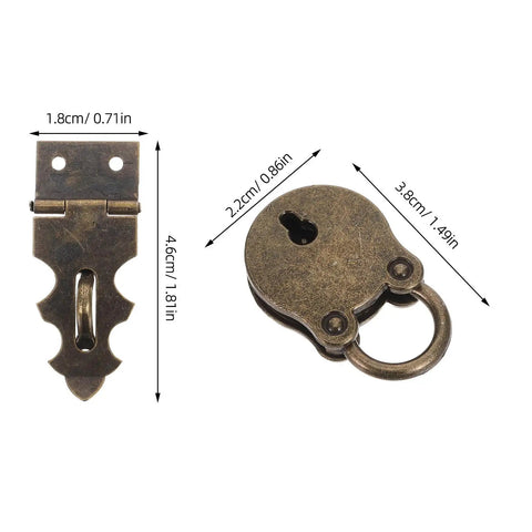 Two Pack Bear Shaped Iron Hasp Latch Lock Set for Tool Boxes, Small Chests, Vintage Decorative Hardware, shown with dimensions