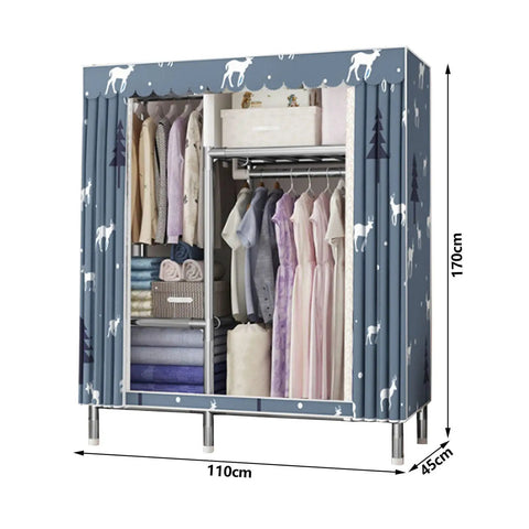 Hella Roomy Portable Canvas Wardrobe With Reinforced Steel Tubing And Full Hanging Rail Total Game Changer Cloth Closet Storage Rack, displaying clothes and linens, 110x45x170 cm.